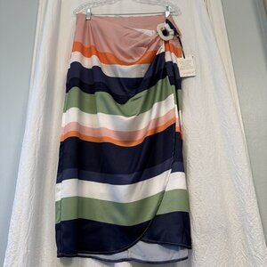NWT Jaclyn Smith Stripe Buckle Wrap Satin Midi Skirt Size Large